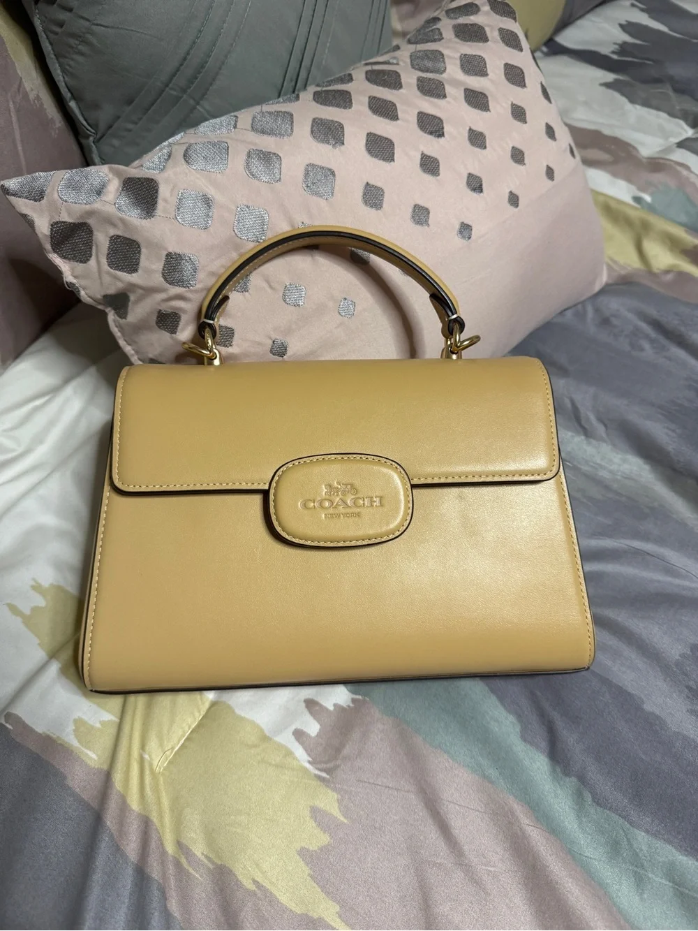 Coach Eliza Pebbled Leather Top-Handle Satchel in Tan